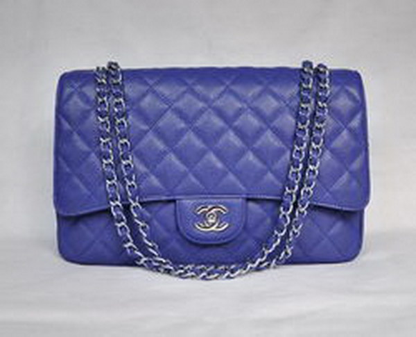 7A Replica Chanel Maxi Deep Blue Caviar Leather with Silver Hardware Flap Bag
